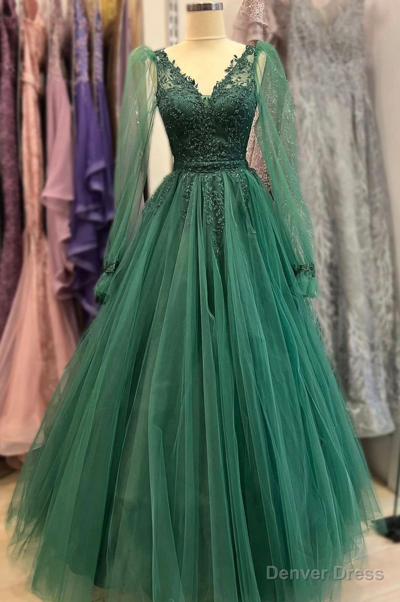Green V-Neck Tulle Long Prom Dresses,A-Line Long Sleeve Evening Dress Main image