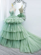 Green V Neck Tulle Long Prom Dress, Ball Gowns Green Sweet 16 Dresses
