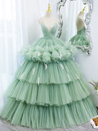 Green V Neck Tulle Long Prom Dress, Ball Gowns Green Sweet 16 Dresses