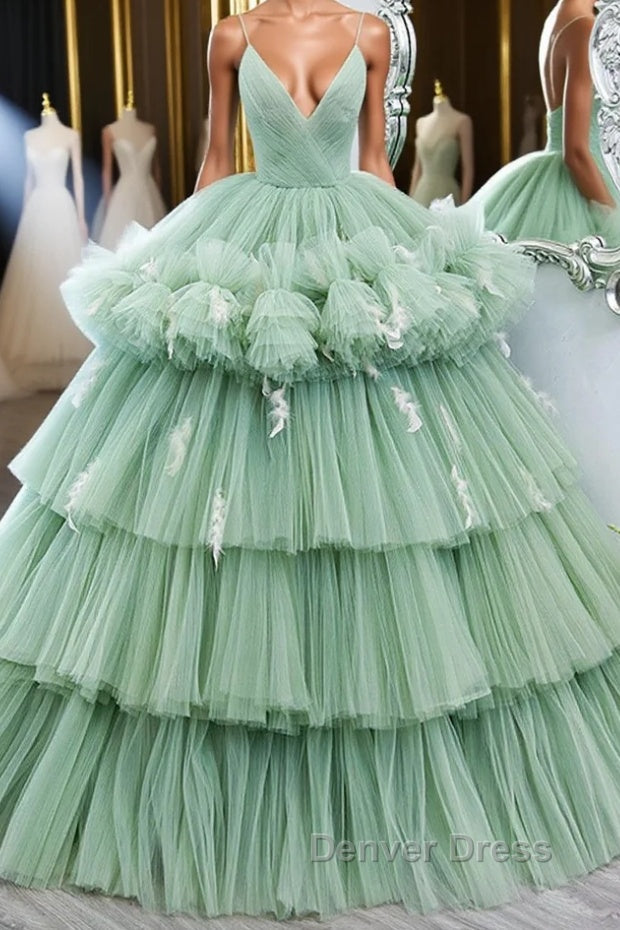Green v neck tulle long prom Gowns, green tulle sweet 16 Dresses Main image