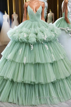 Green v neck tulle long prom Gowns, green tulle sweet 16 Dresses