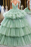 Green v neck tulle long prom Gowns, green tulle sweet 16 Dresses