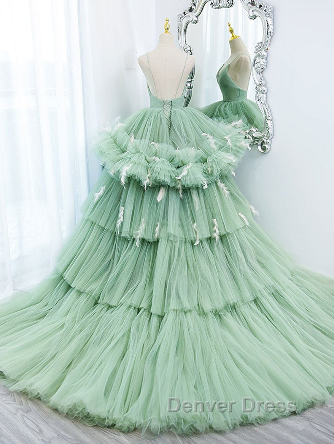 Green v neck tulle long prom Gowns, green tulle sweet 16 Dresses