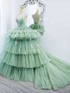 Green v neck tulle long prom Gowns, green tulle sweet 16 Dresses