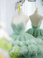 Green v neck tulle long prom Gowns, green tulle sweet 16 Dresses