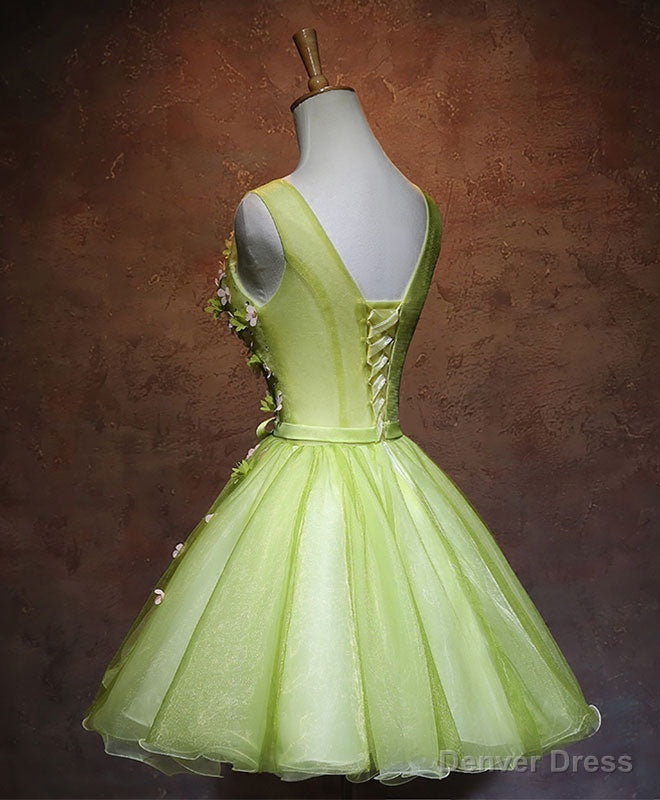 Green V Neck Tulle Short Prom Dress, Green Homecoming Dresses