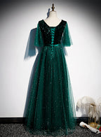 Green V Neckline Shiny Tulle Long Wedding Prom Dress, Green Prom Dresses