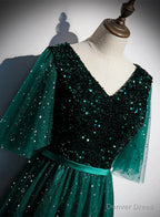 Green V Neckline Shiny Tulle Long Wedding Prom Dress Green Prom Dress shops