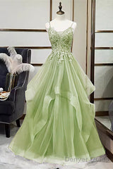 Green V-Neckline Tulle With Lace Applique Prom Dress, Green Layers Tulle Party Dress