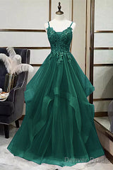 Green V-Neckline Tulle With Lace Applique Prom Dress, Green Layers Tulle Party Dress