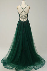 Green V-Neckline Tulle With Lace Cross Back, Green Tulle Prom Dress