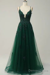 Green V-Neckline Tulle With Lace Cross Back, Green Tulle Prom Dress