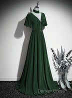 Green Velvet A-Line Short Sleeves Long Party Dresses, Green Long Prom Dresses