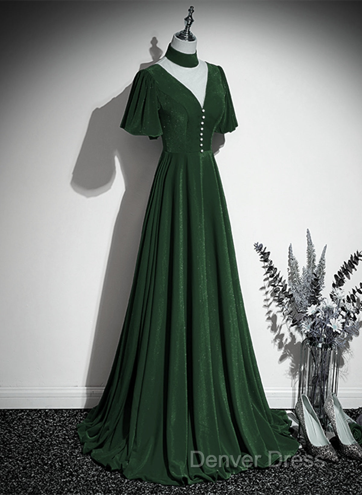 Green Velvet A-Line Short Sleeves Long Party Dresses, Green Long Prom Dresses