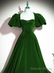 Green Velvet Backless Long Party Dress, Green Short Sleeves Formal Dress Prom Dress