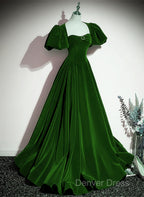 Green Velvet Backless Long Party Dresses, Green Short Sleeves Formal Dresses Prom Dresses