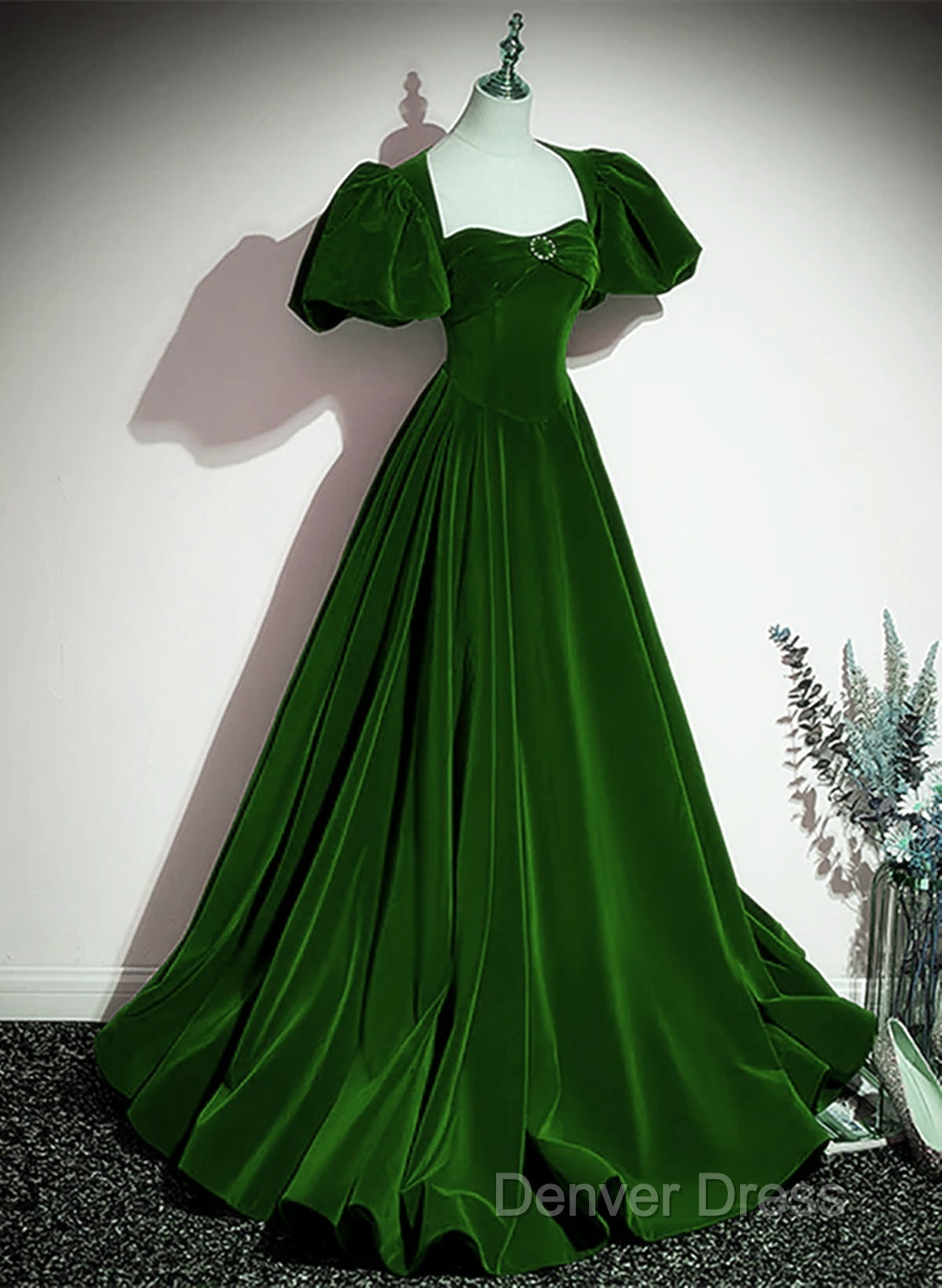 Green Velvet Backless Long Party Dresses, Green Short Sleeves Formal Dresses Prom Dresses
