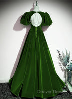 Green Velvet Backless Long Party Dresses, Green Short Sleeves Formal Dresses Prom Dresses