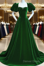 Green Velvet Backless Long Party Dresses, Green Short Sleeves Formal Dresses Prom Dresses