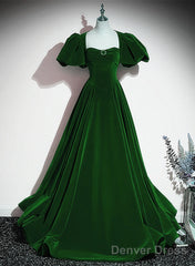Green Velvet Backless Long Party Dress, Green Short Sleeves Formal Dress Prom Dress