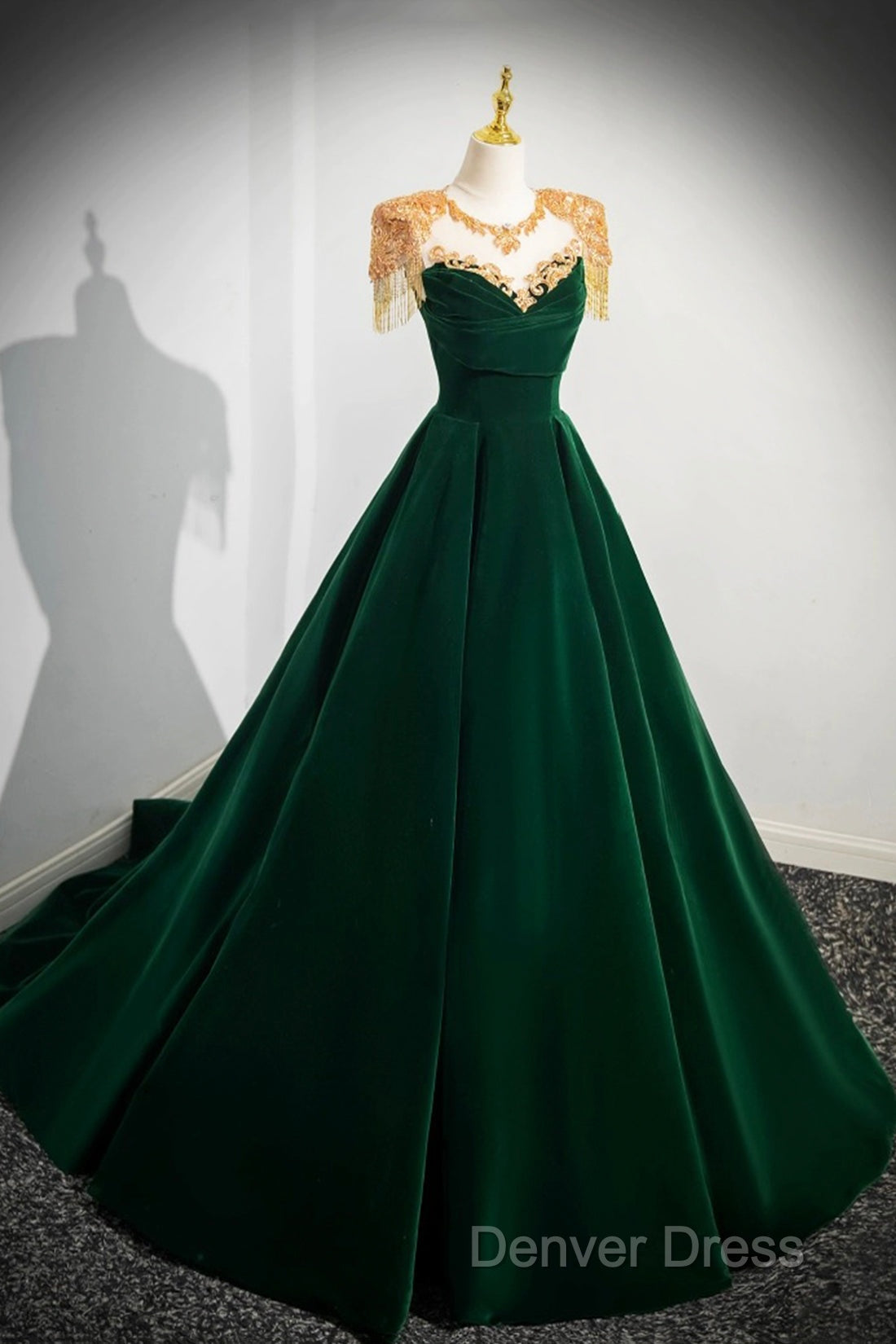 Green Velvet Beaded Long Prom Dresses, A-Line Beautiful Evening Party Dresses