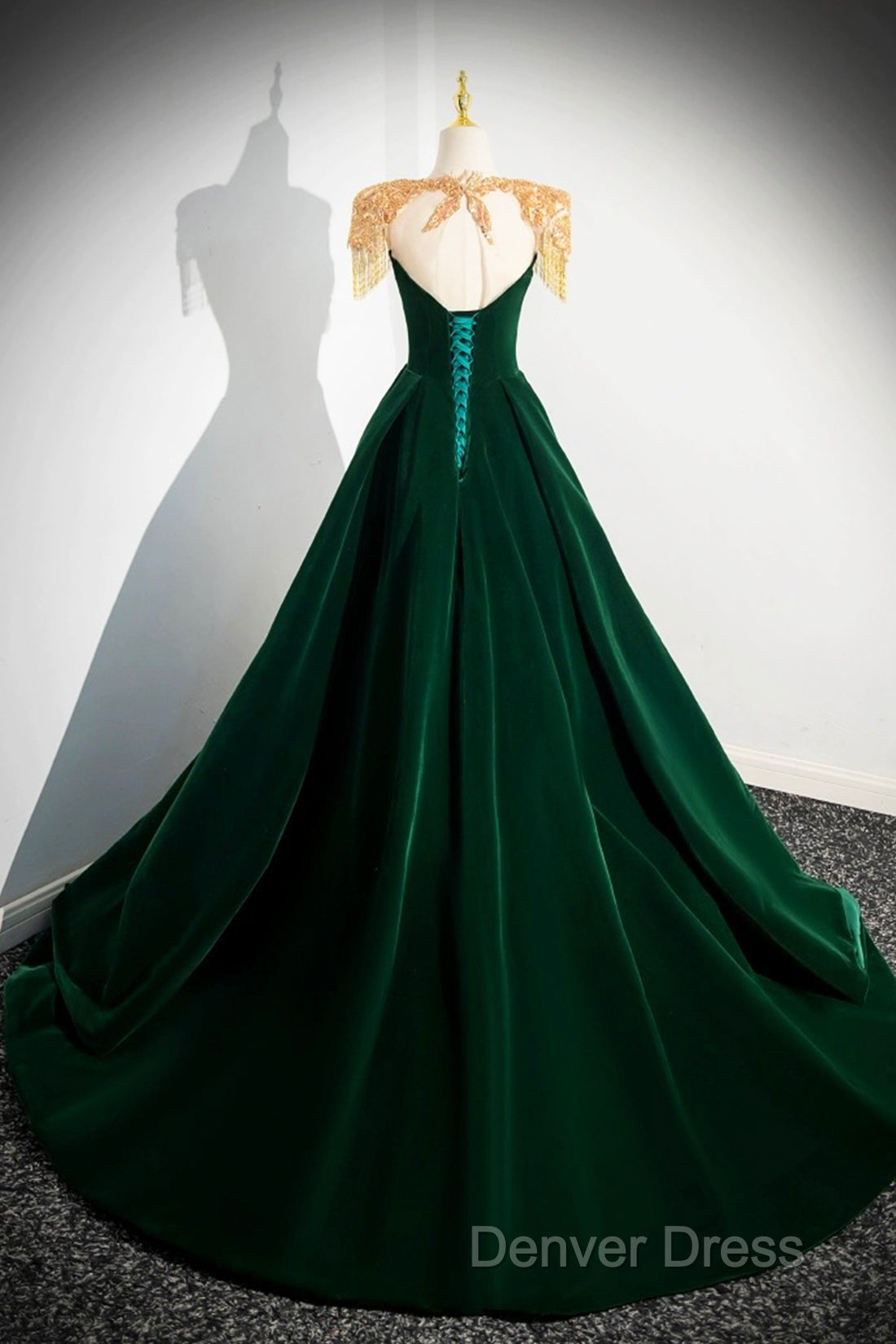 Green Velvet Beaded Long Prom Dresses, A-Line Beautiful Evening Party Dresses