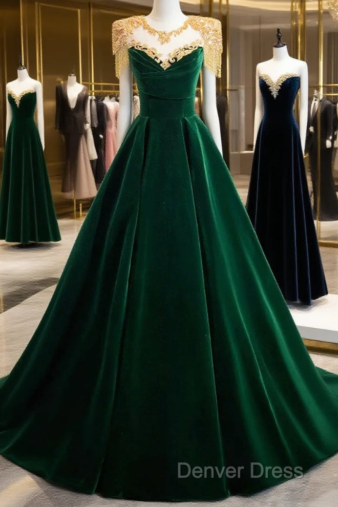 Green Velvet Beaded Long Prom Dresses, A-Line Beautiful Evening Party Dresses Main image