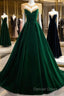 Green Velvet Beaded Long Prom Dresses, A-Line Beautiful Evening Party Dresses