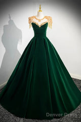 Green Velvet Beaded Long Prom Dress, A-Line Beautiful Evening Party Dress