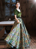 Green Velvet Floral Short Sleeves Long Prom Dress, Green Sweetheart Prom Dresses