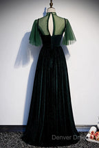 Green Velvet Long A-Line Prom Dresses Evening Dresses