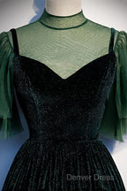 Green Velvet Long A Line Prom Dress