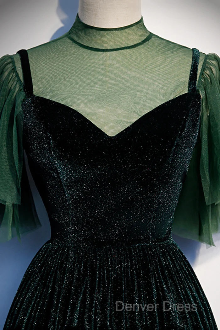 Green Velvet Long A Line Prom Dress
