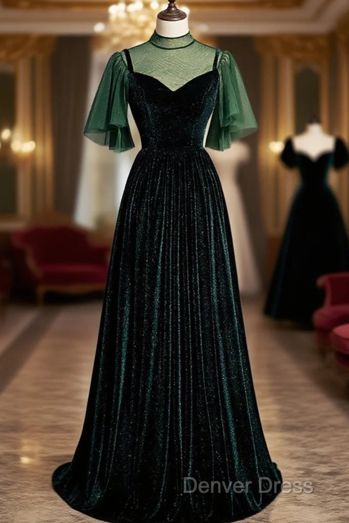 Green Velvet Long A Line Prom Dress