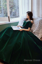 Green Velvet Long A-Line Prom Dress, Green Off The Shoulder Graduation Dress