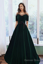 Green Velvet Long A-Line Prom Dress, Green Off The Shoulder Graduation Dress