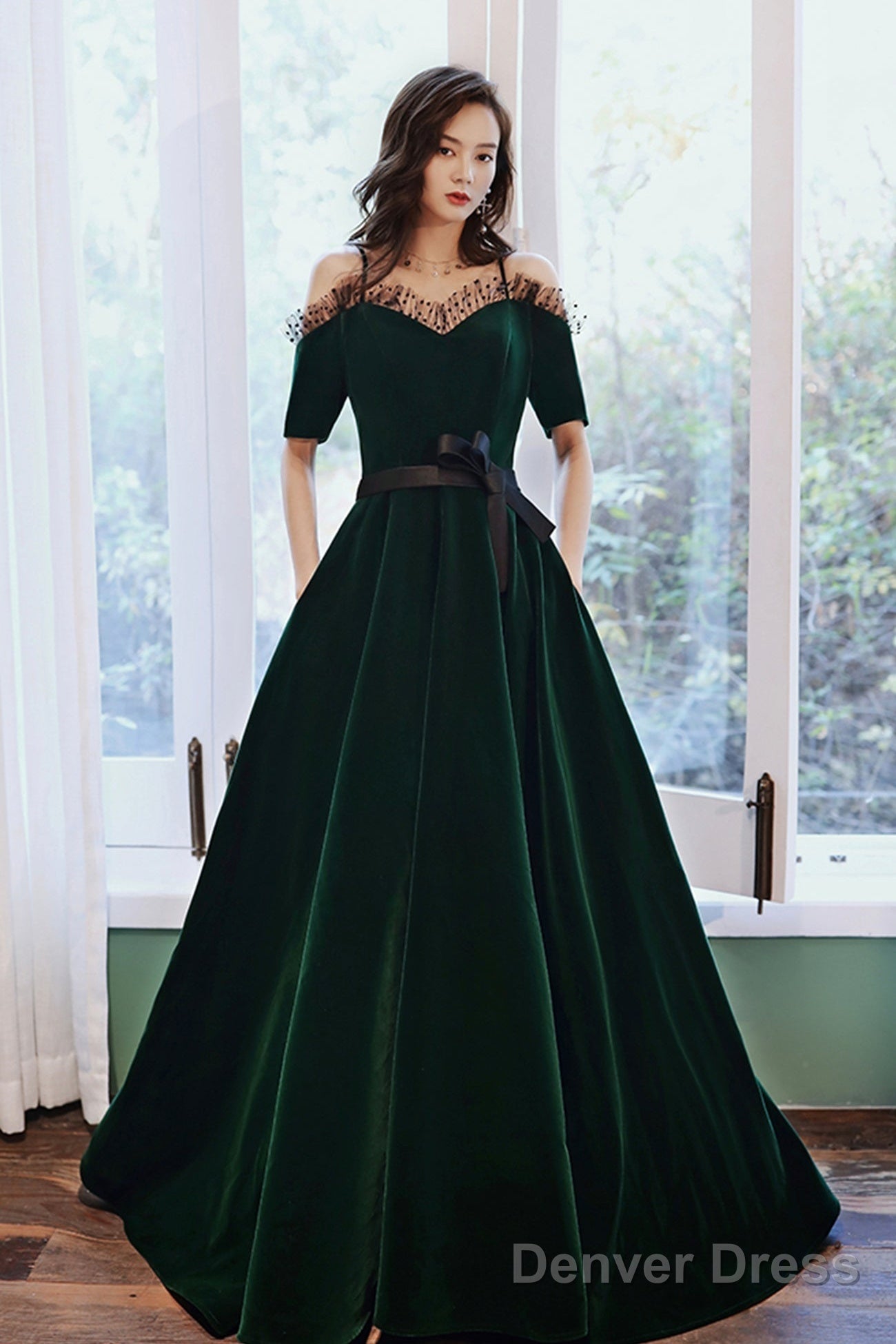 Green Velvet Long A-Line Prom Dress, Green Off The Shoulder Graduation Dress Main image