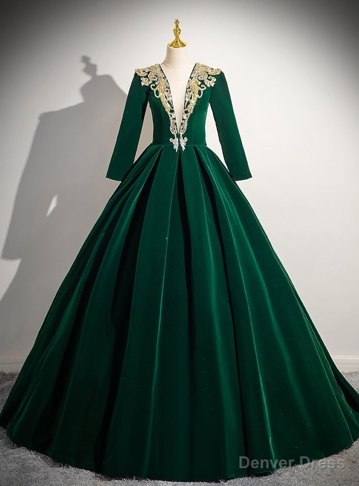 Green Velvet Long Sleeve V-neck Quinceanera Dress Main image
