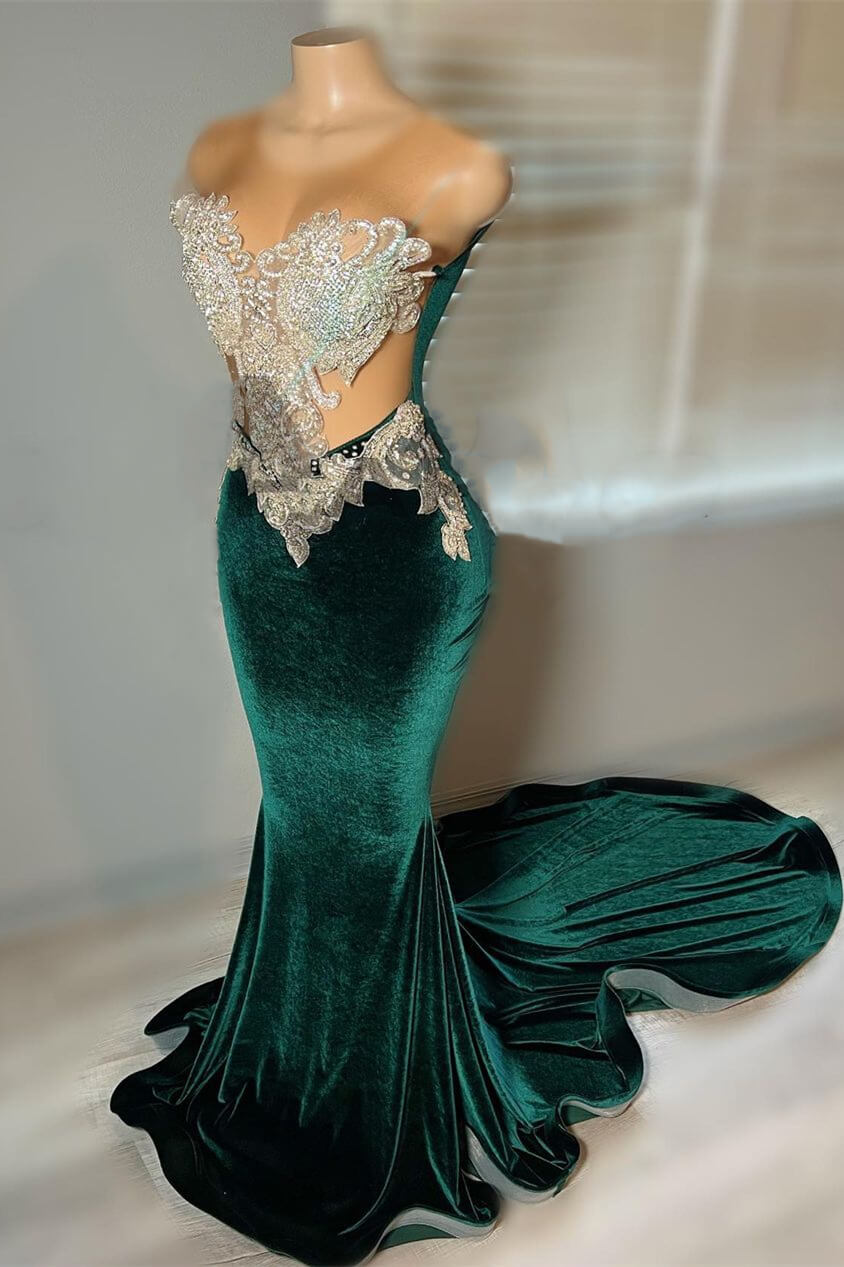 Green Velvet Mermaid Beadings Sheer Tulle Sexy Prom Dress Main image