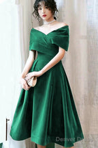 Green Velvet Off Shoulder Tea Length Prom Dress, Green Bridesmaid Dress Prom Dresses