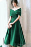 Green Velvet Off Shoulder Tea Length Prom Dress, Green Bridesmaid Dress Prom Dresses