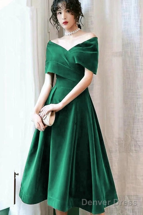 Green Velvet Off Shoulder Tea Length Prom Dress, Green Bridesmaid Dress Prom Dresses Main image