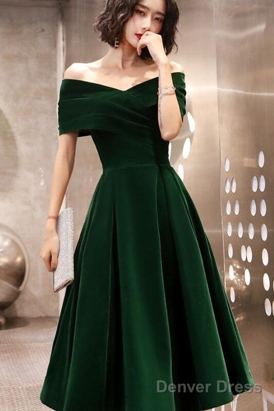 Green Velvet Off Shoulder Vintage Style Bridesmaid Dress, Tea Length Prom Dresses Secondary image