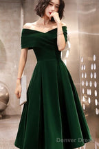 Green Velvet Off Shoulder Vintage Style Bridesmaid Dress, Tea Length Prom Dresses
