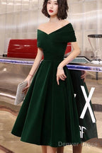 Green Velvet Off Shoulder Vintage Style Bridesmaid Dress, Tea Length Prom Dresses