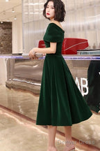 Green Velvet Off Shoulder Vintage Style Bridesmaid Dress, Tea Length Prom Dresses