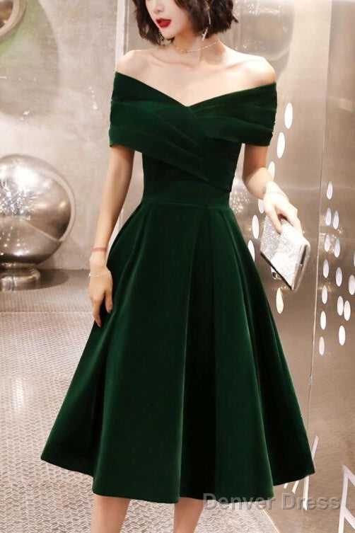 Green Velvet Off Shoulder Vintage Style Bridesmaid Dress, Tea Length Prom Dresses