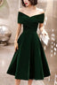 Green Velvet Off Shoulder Vintage Style Bridesmaid Dress, Tea Length Prom Dresses