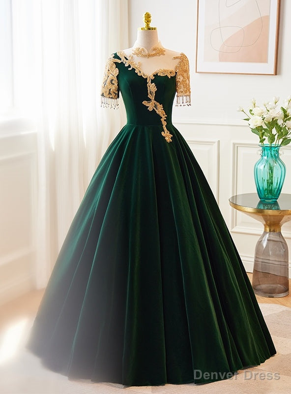 Green Velvet Short Sleeve Beading Prom Dress Main image