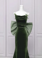 Green Velvet Straps Low Back Prom Dress, Green Velvet Prom Dresses